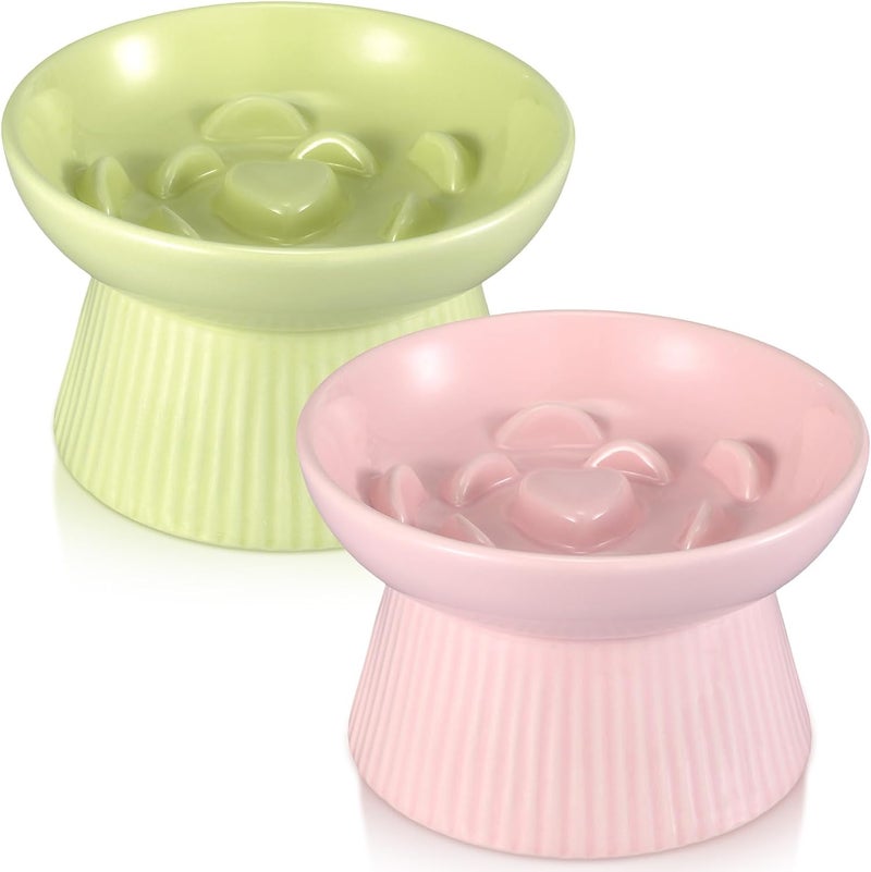 Layhit 2 Pack Raised Slow Feeder Cat Bowls Ceramic Elevated Cat Food Bowls Anti Vomiting Slow Feeder for Dog and Kitten for Dry and Wet Food(Green, Pink) - Image 1